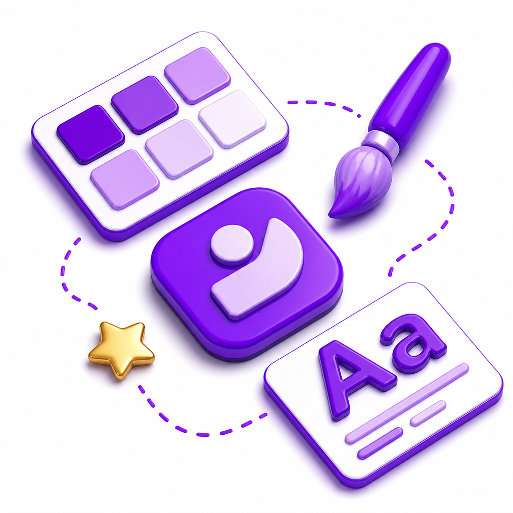 Illustration of a logo mark, color swatches, and typography samples