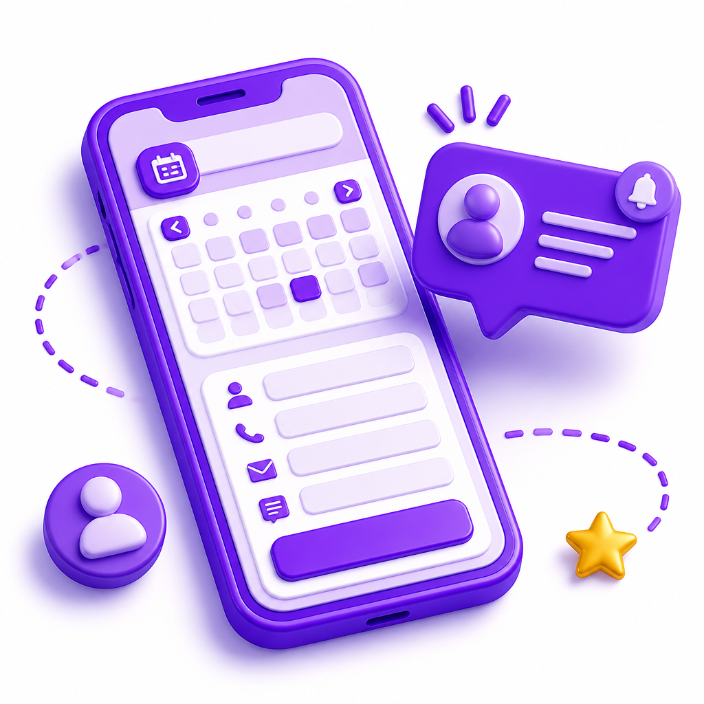 Illustration of a lead form, phone call button, and calendar booking